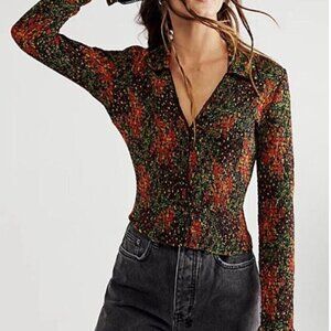 Free People Amelia Printed Blouse Red Green Black Size Large EUC